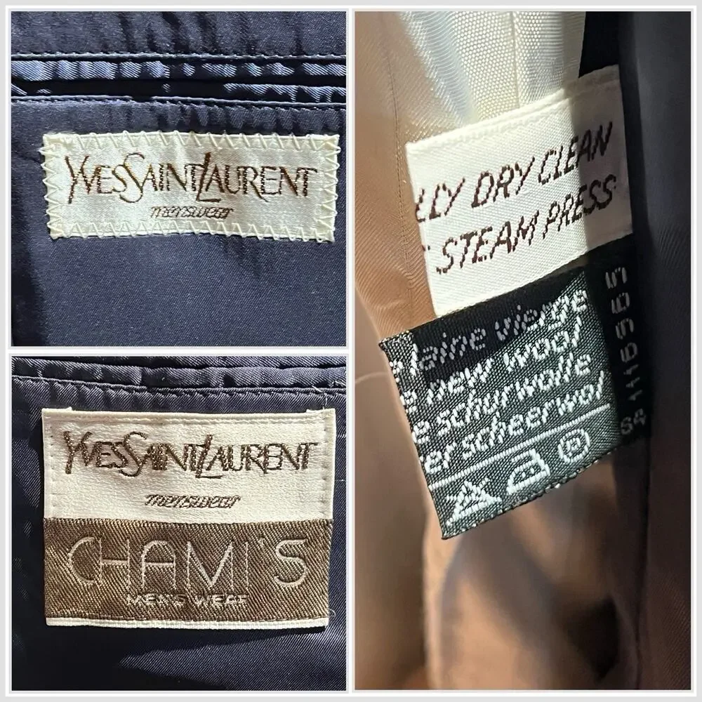 Vtg Yves Saint Laurent France 40L Navy Blue Tonal Stripe Flannel Blazer